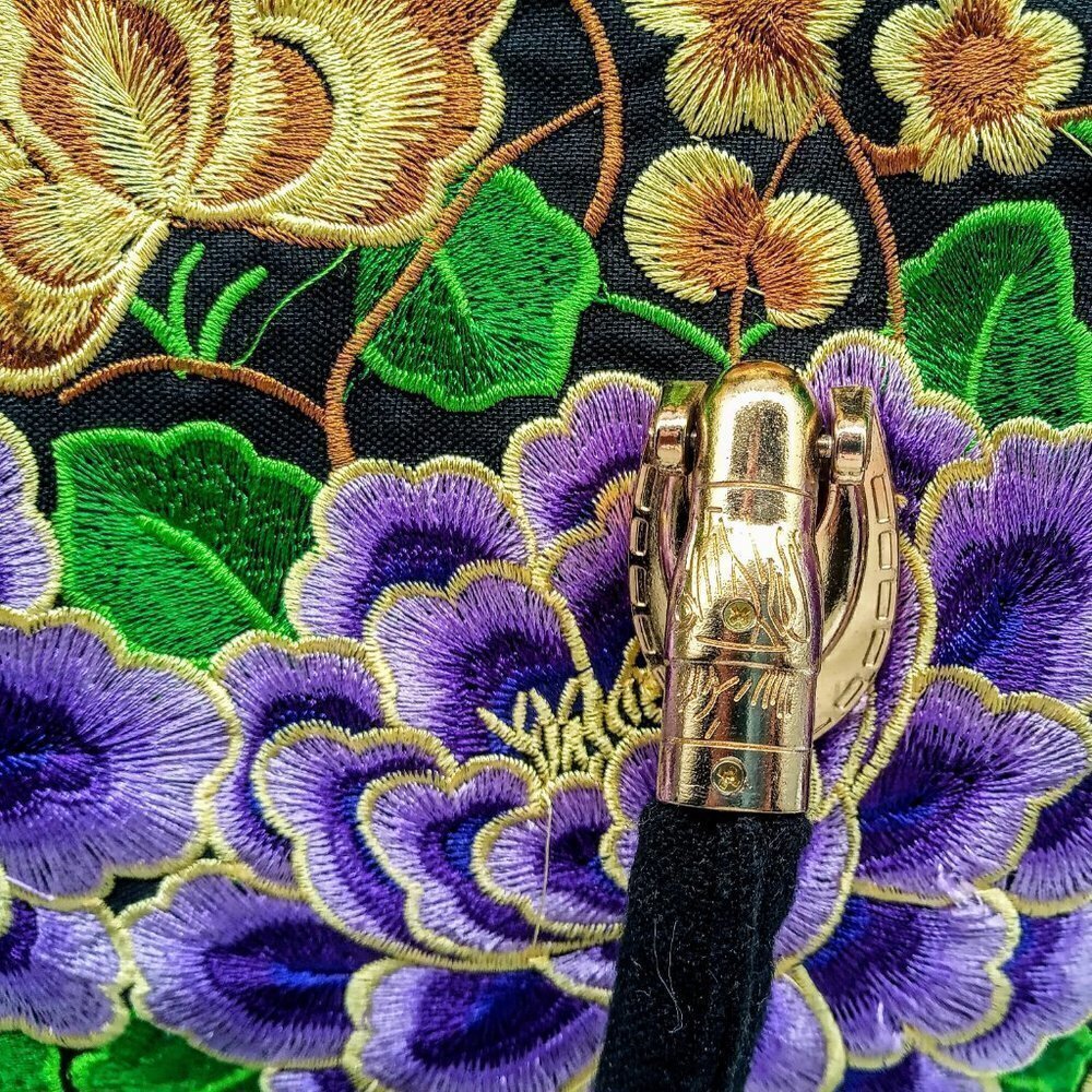 Purple Green Gold Floral Embroidered Satchel Bag - Picture 7 of 7